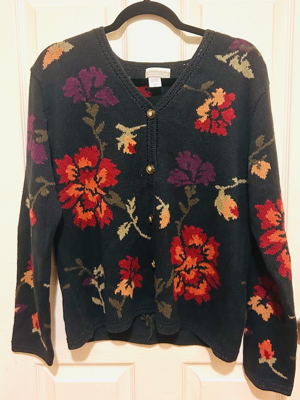 Coldwater Creek Navy Floral Cardigan with Red & Purple Blooms - Picture 1 of 6